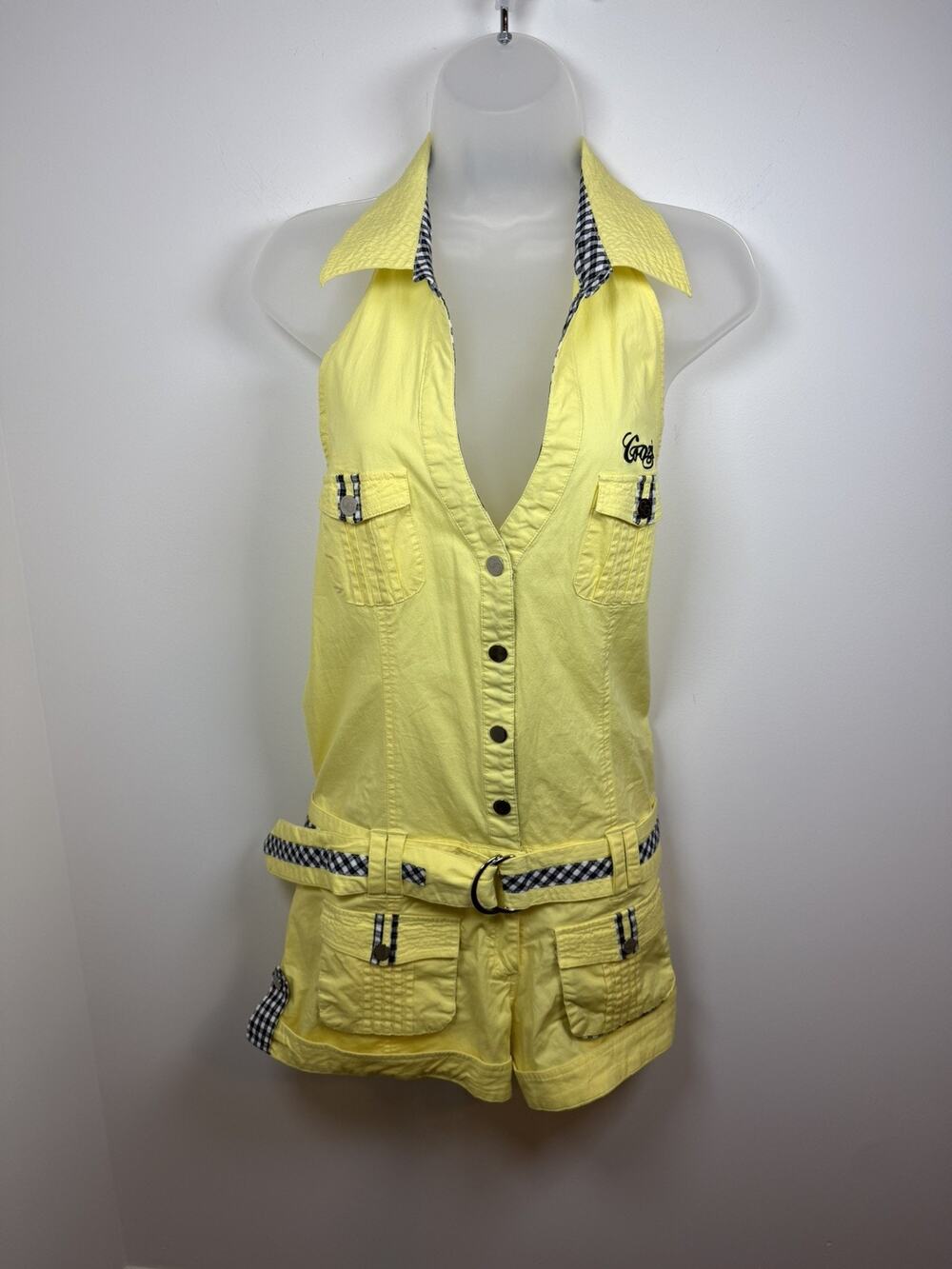 COOGI Yellow Halter Romper Shorts XL Vintage 90s Y2K Utility Cargo Embroidered